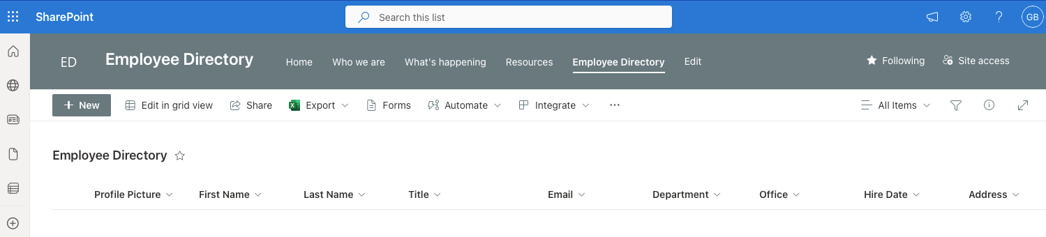 SharePoint employee directory columns