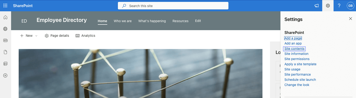 SharePoint site contents