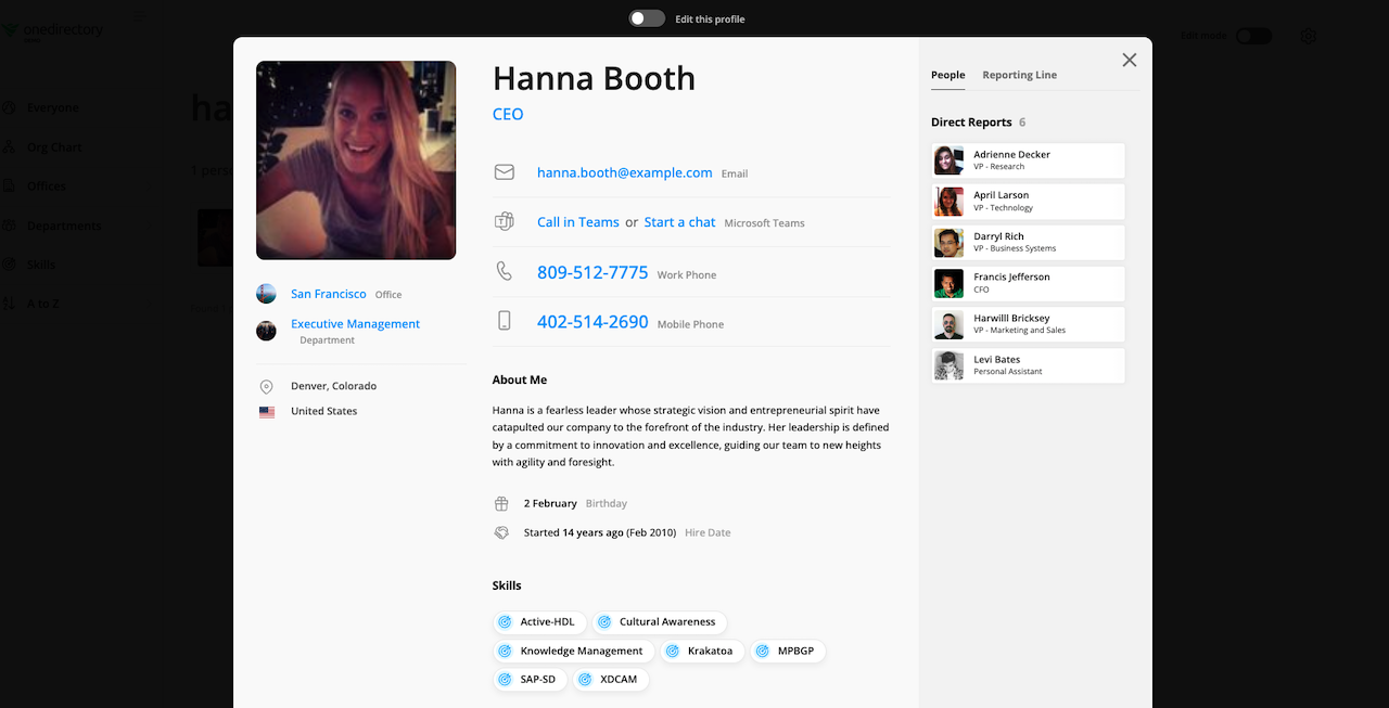 OneDirectory employee profile with birthday and anniversary date