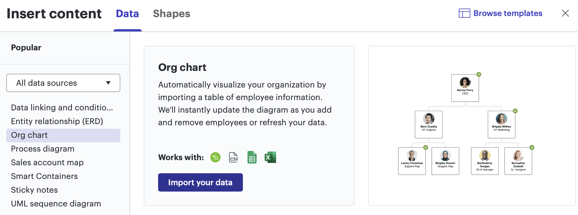 Lucidchart insert content for org chart screenshot