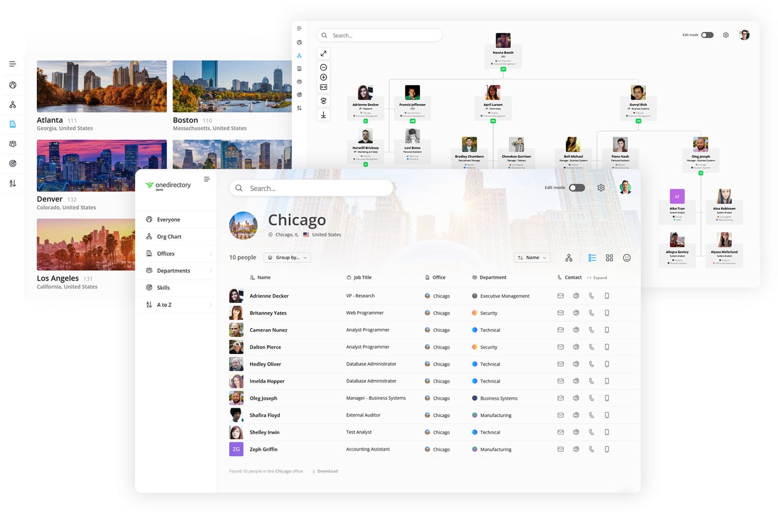 Screenshots of OneDirectory employee directory and org chart