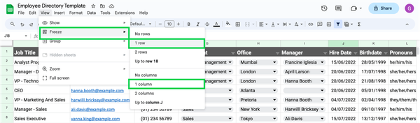 Google Sheets freeze top row