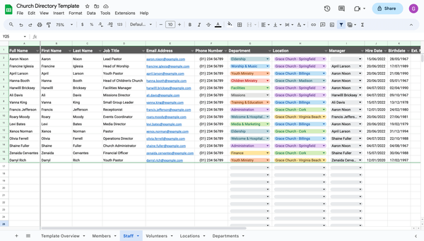 Staff directory for a church